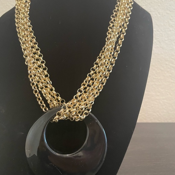 Chico’s Black Medallion & Gold Strands Modern Necklace - Picture 3 of 7